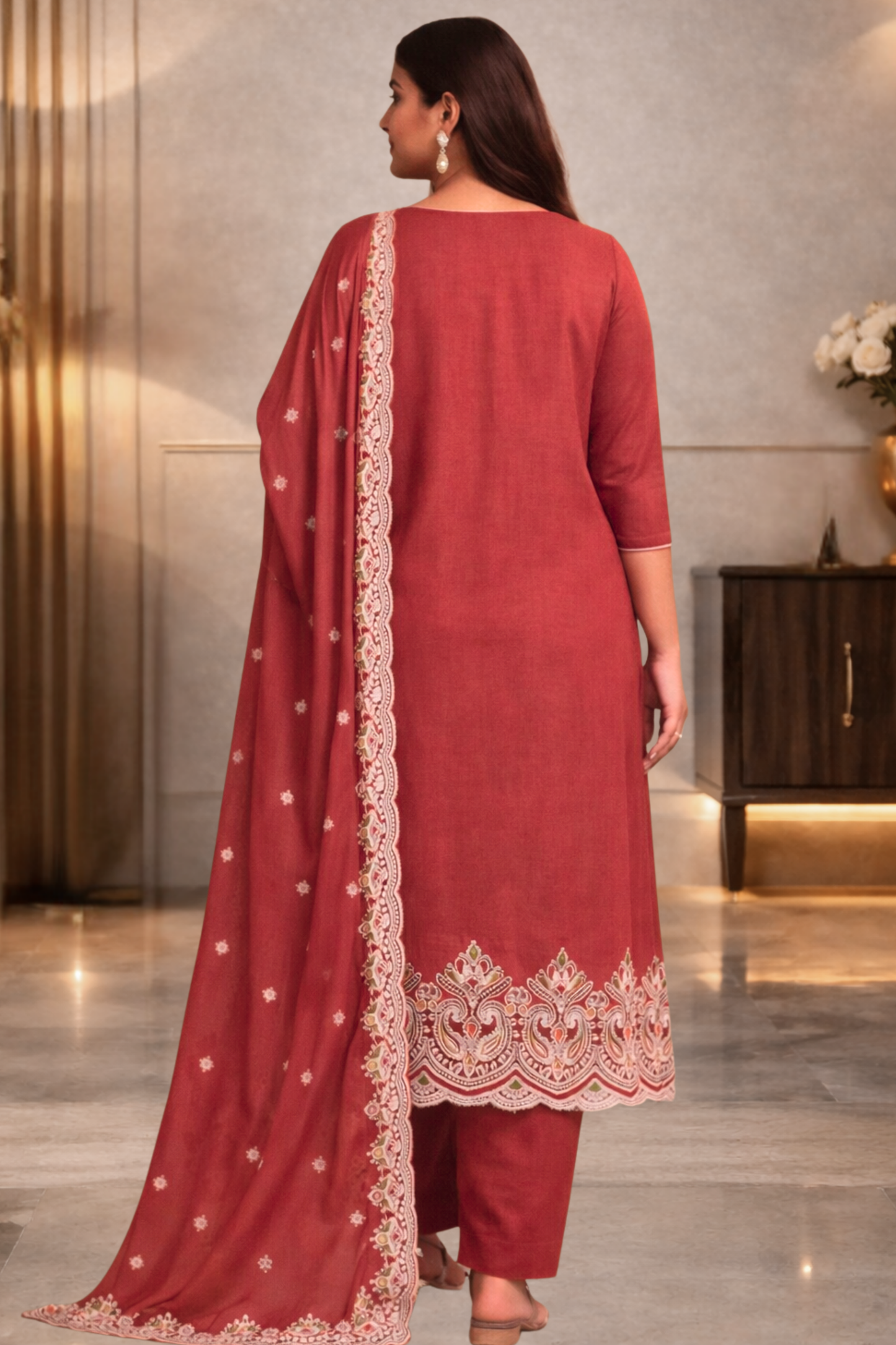 Rust Muslin Suit with Ivory Thread Work