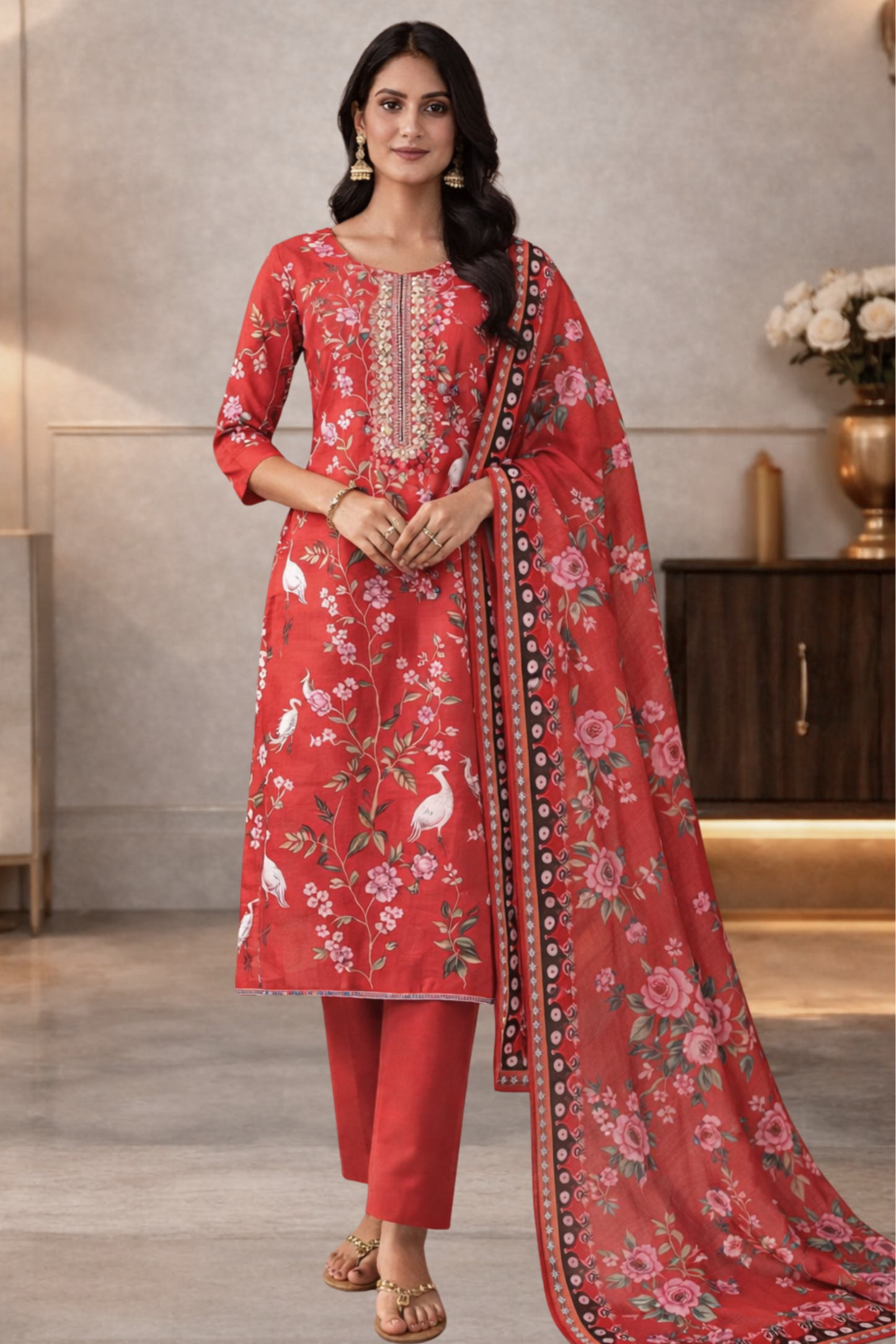 Rust Songbird Muslin Dress Material