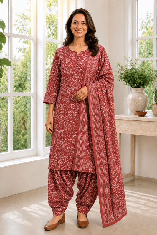 Rust Camellia Foiled Cotton Kurta With Salwar