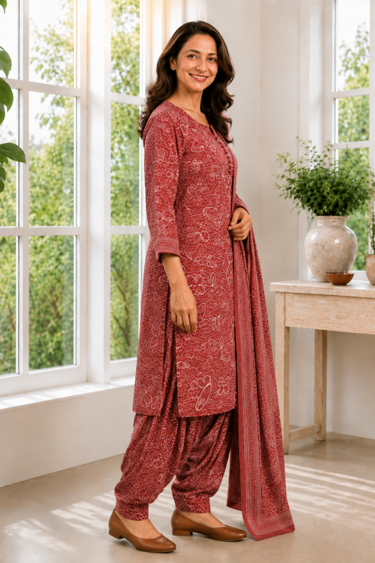 Rust Camellia Foiled Cotton Kurta With Salwar