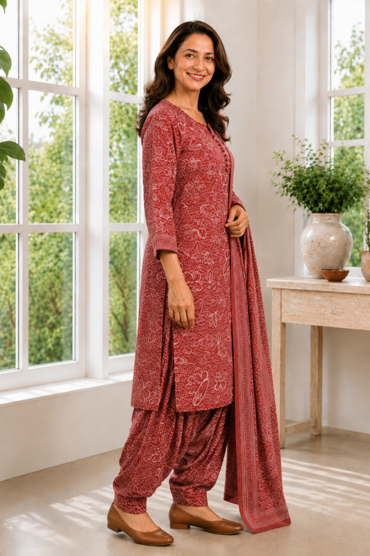Rust Camellia Foiled Cotton Kurta With Salwar