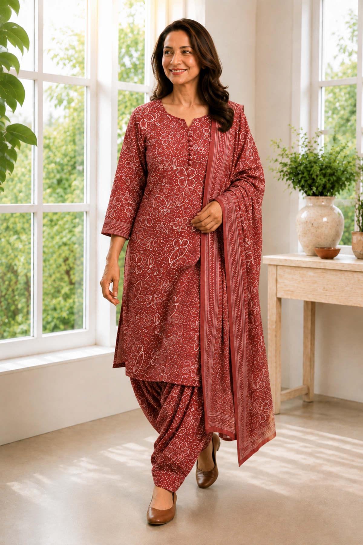 Rust Camellia Foiled Cotton Kurta With Salwar