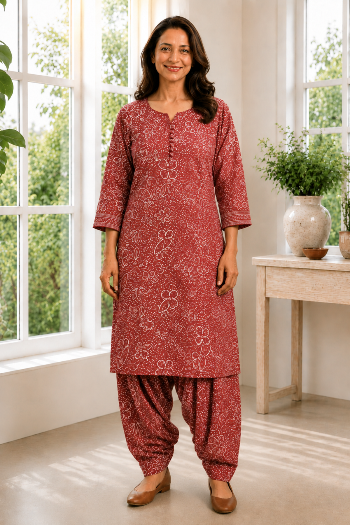 Rust Camellia Foiled Cotton Kurta With Salwar