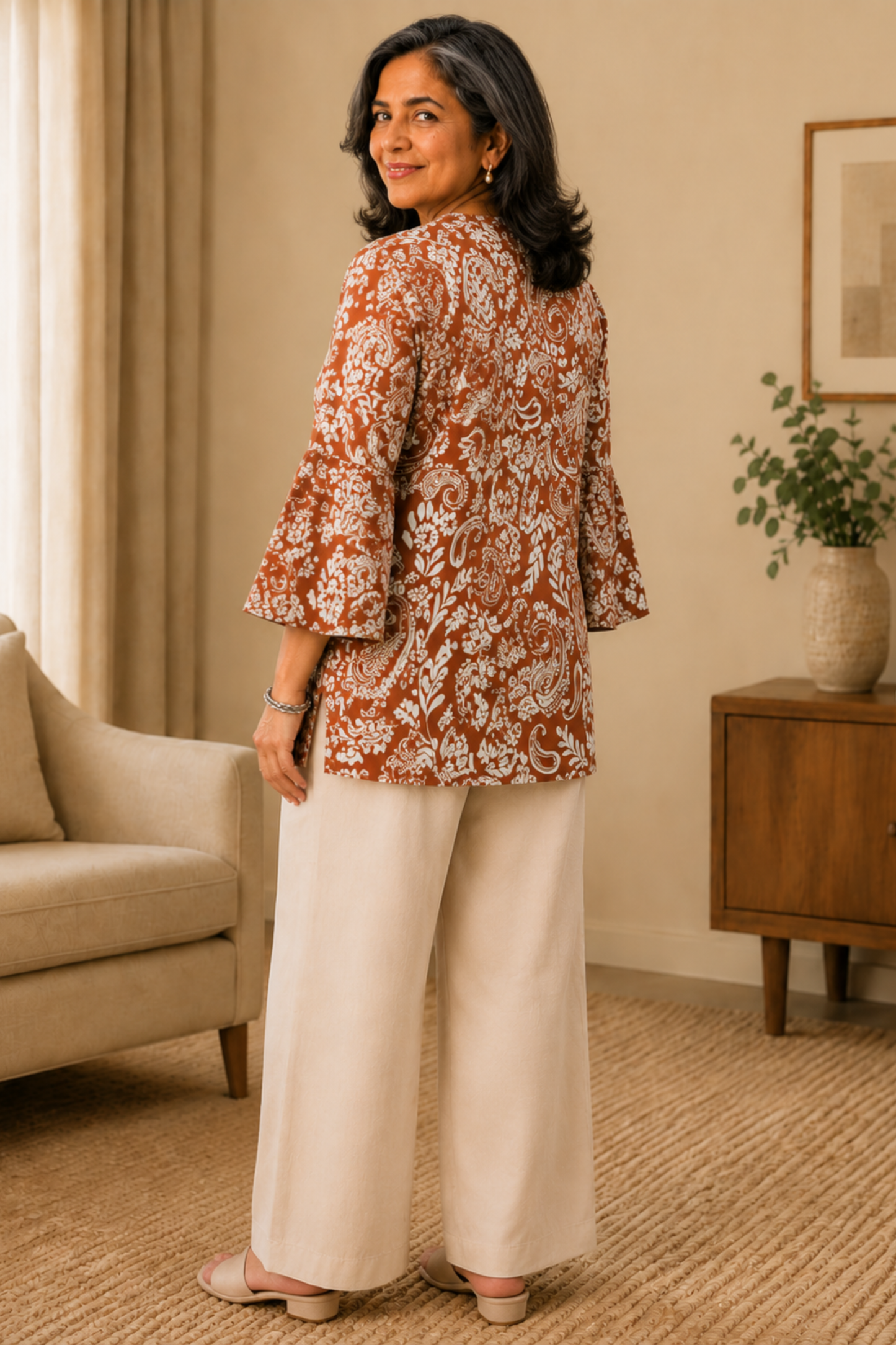 Rusty Brown Abstract Printed Rayon Top