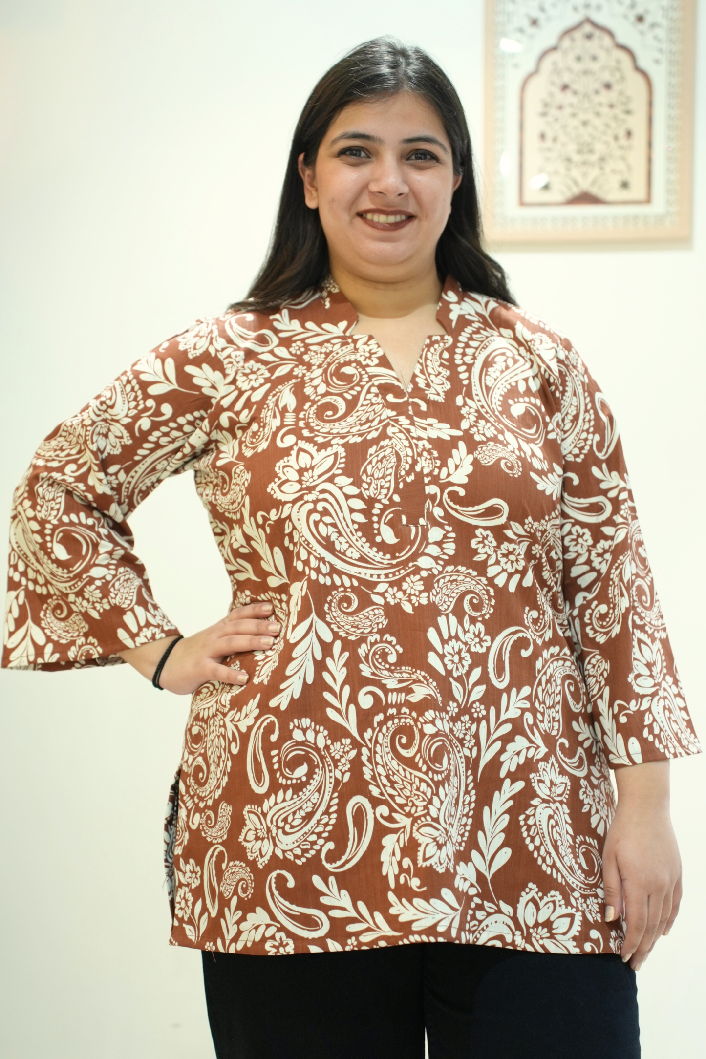 Rusty Brown Abstract Printed Rayon Top