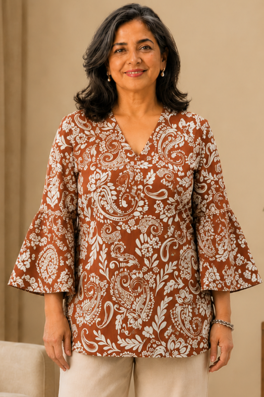 Rusty Brown Abstract Printed Rayon Top