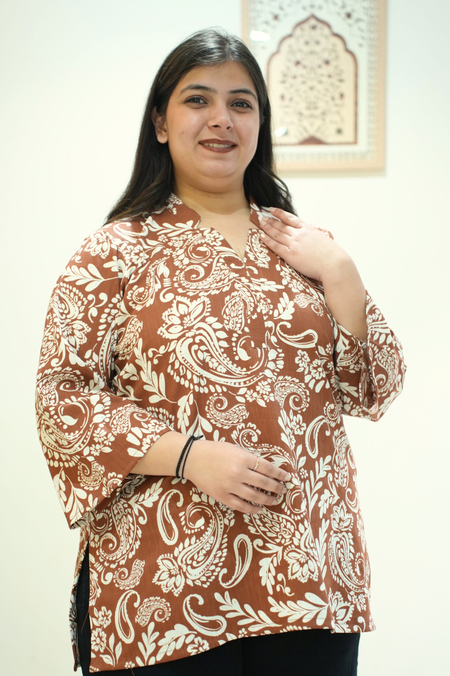 Rusty Brown Abstract Printed Rayon Top