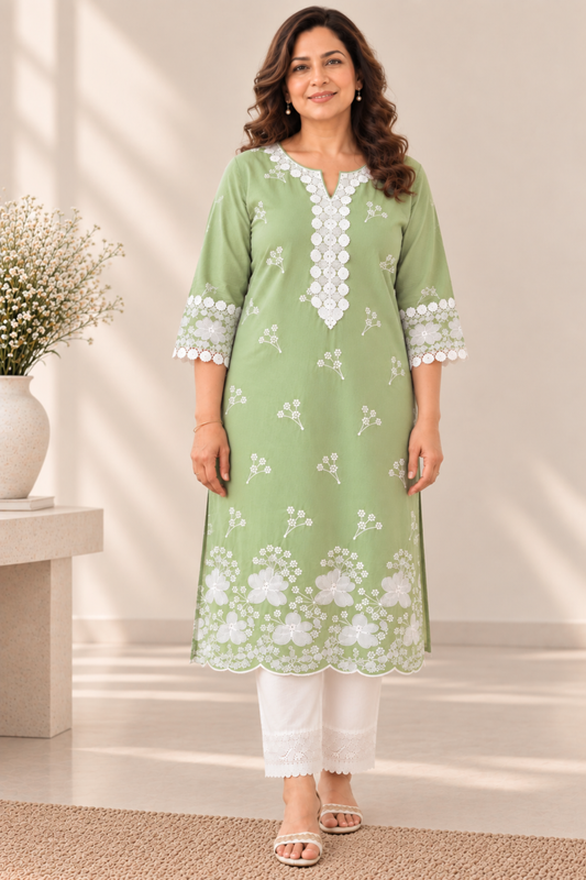Sabaah Green Cotton Chikankari Kurta