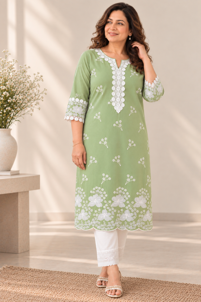 Sabaah Green Cotton Chikankari Kurta
