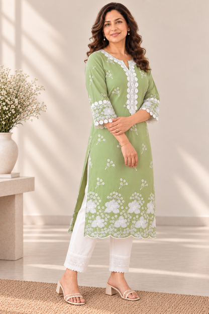 Sabaah Green Cotton Chikankari Kurta