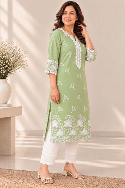 Sabaah Green Cotton Chikankari Kurta