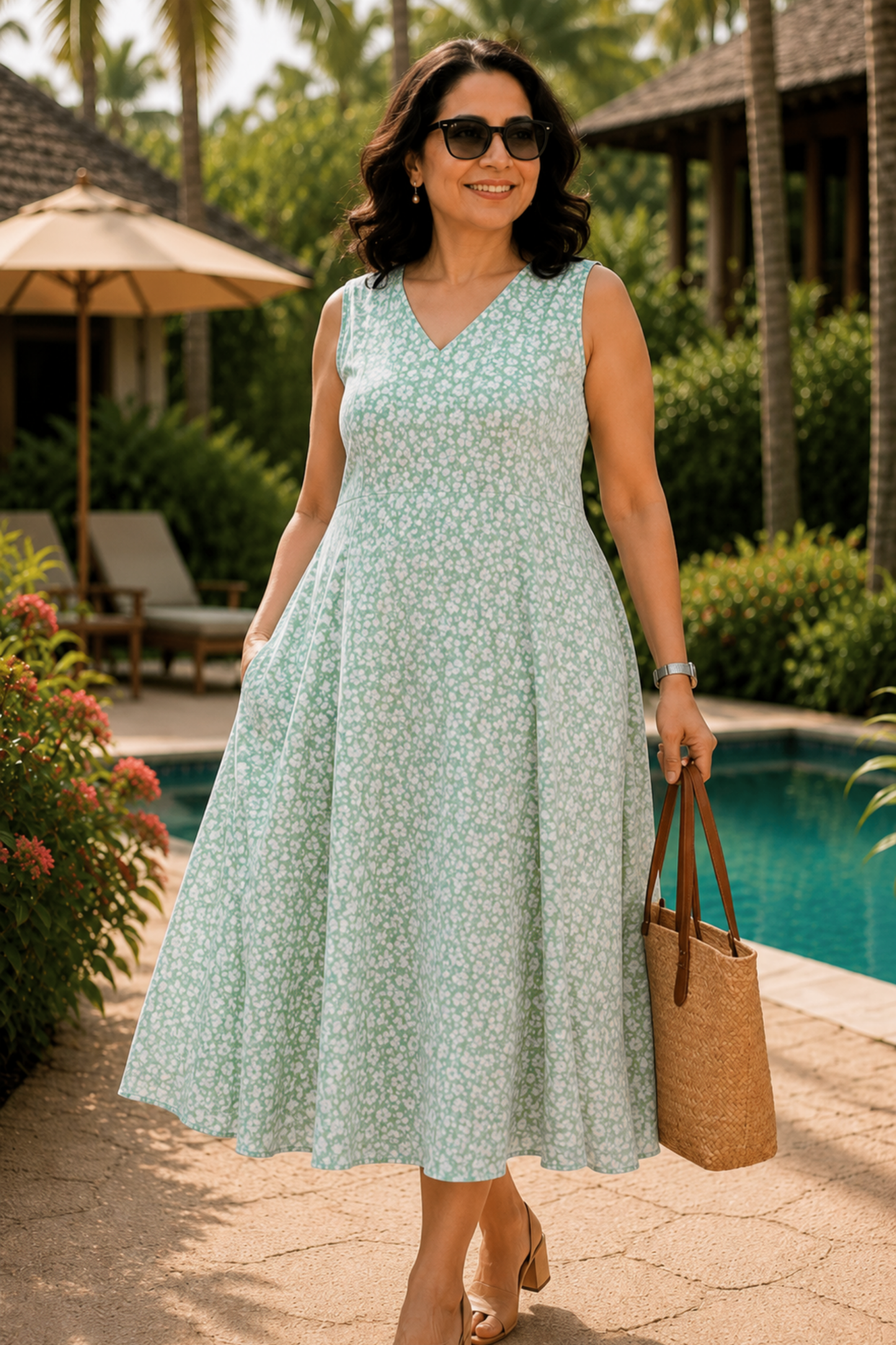 Sage Breeze Floral Dress With Pockets