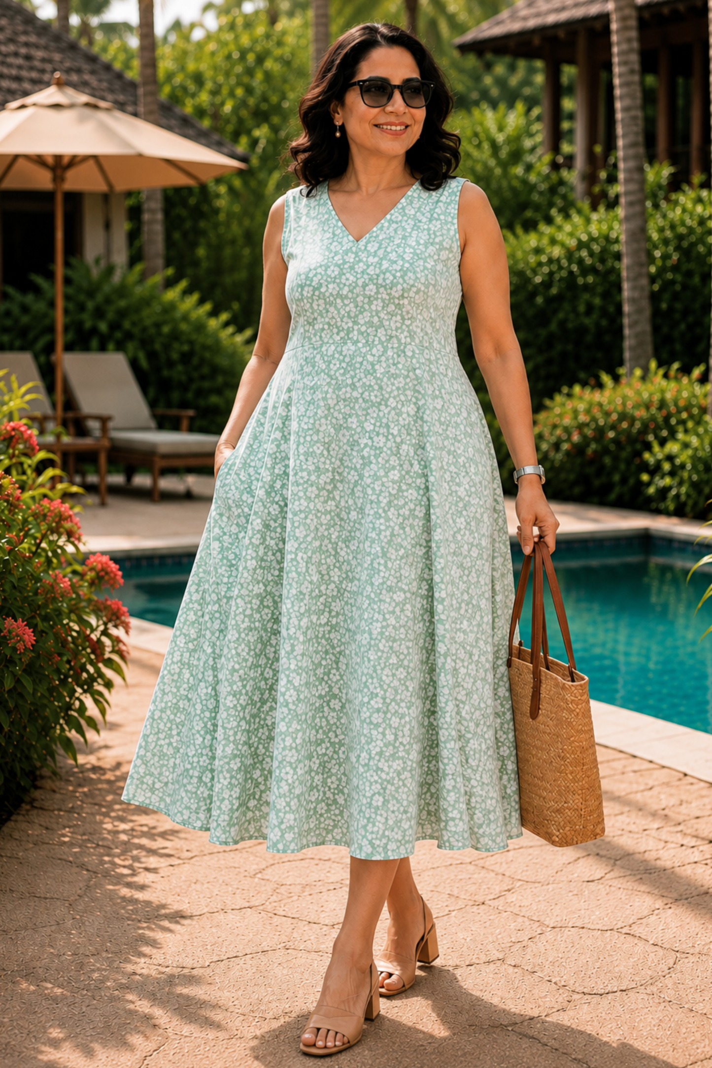 Sage Breeze Floral Dress With Pockets