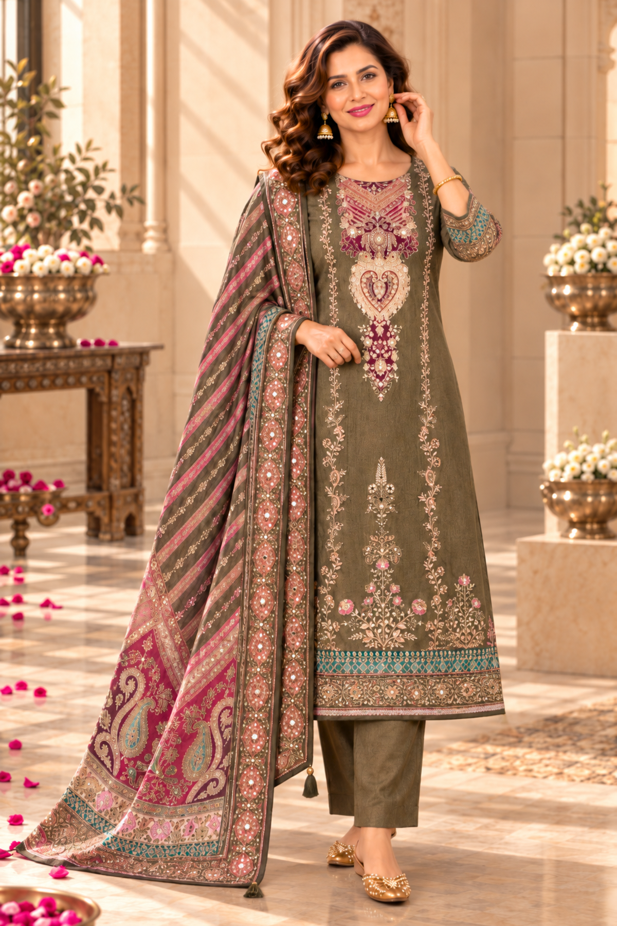 Saira Karachi Muslin Suit With Mirror Work