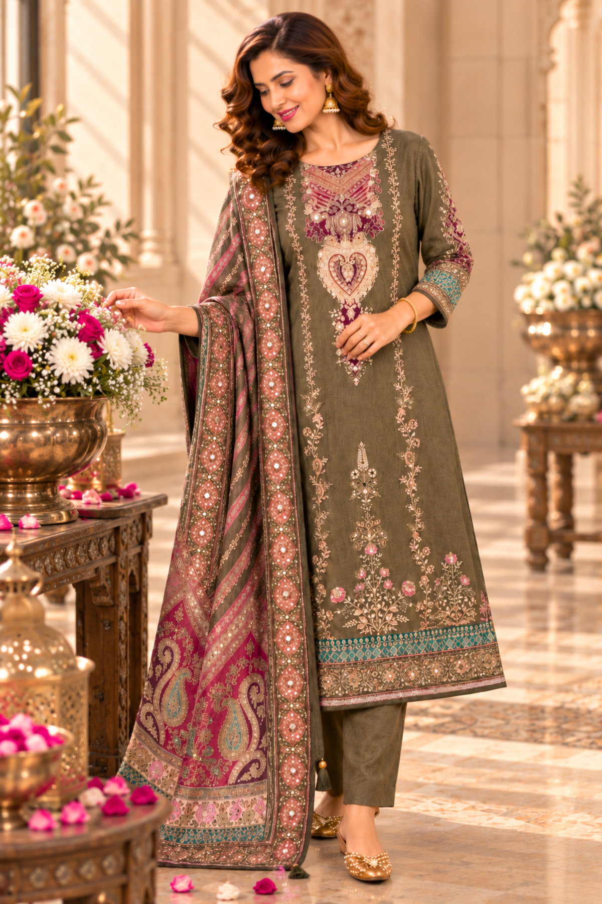 Saira Karachi Muslin Suit With Mirror Work