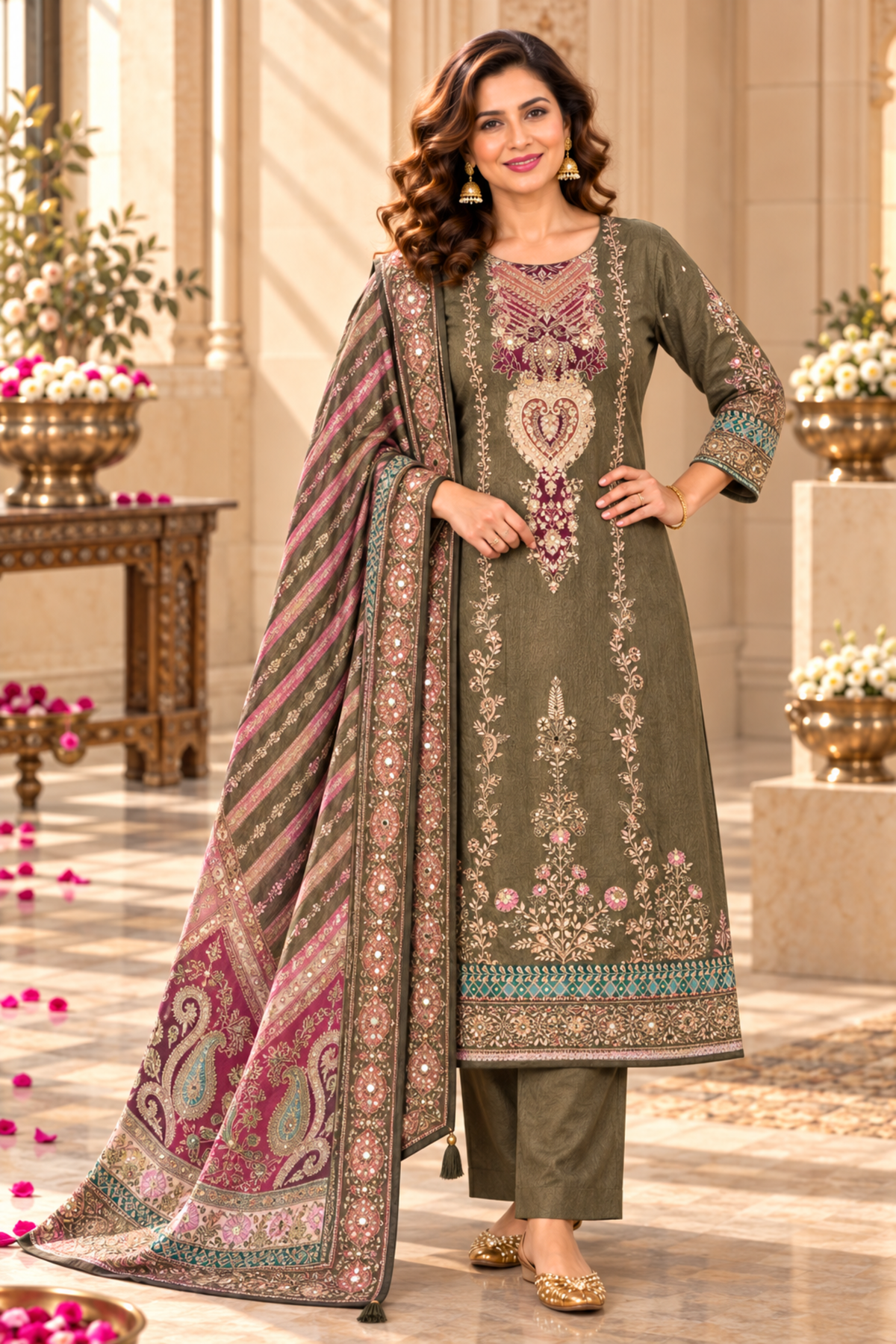 Saira Karachi Muslin Suit With Mirror Work