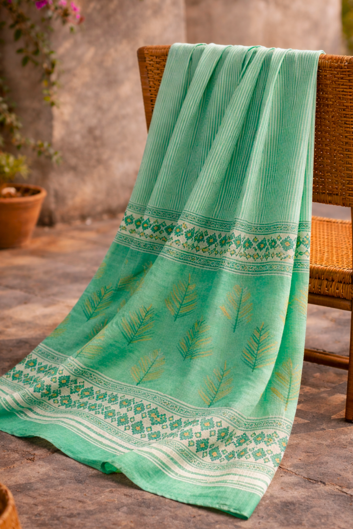 Sea Green Hand Block Cotton Dupatta