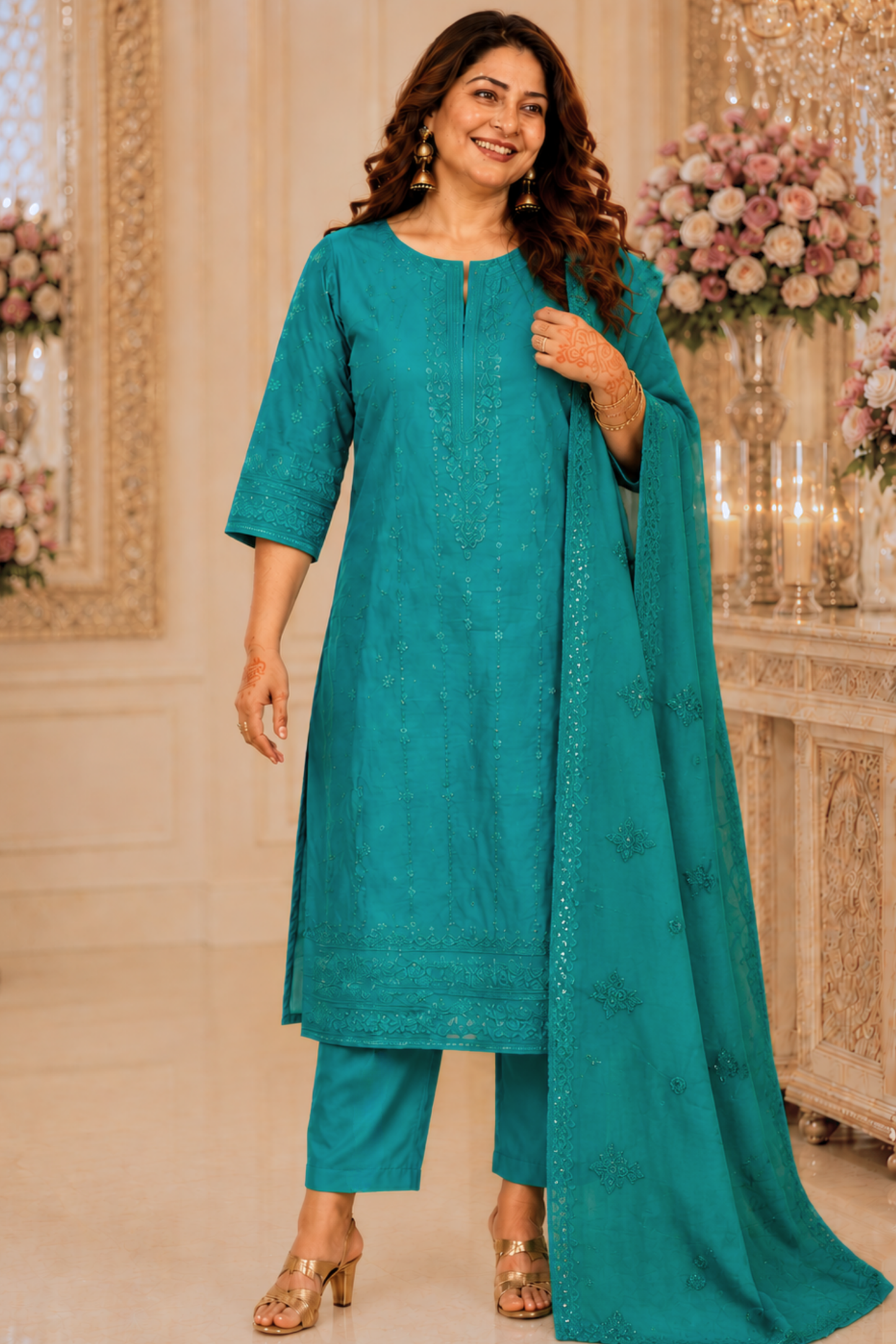 Sea Green Organza Threadwork Suit