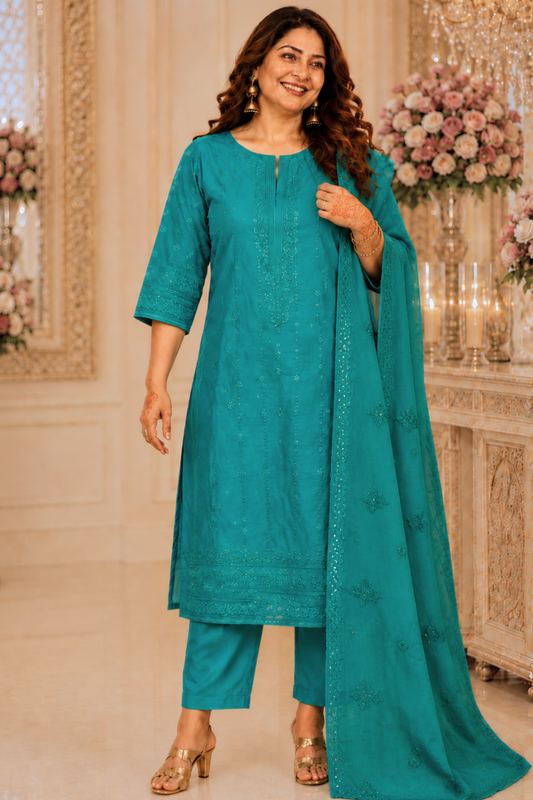 Sea Green Organza Threadwork Suit