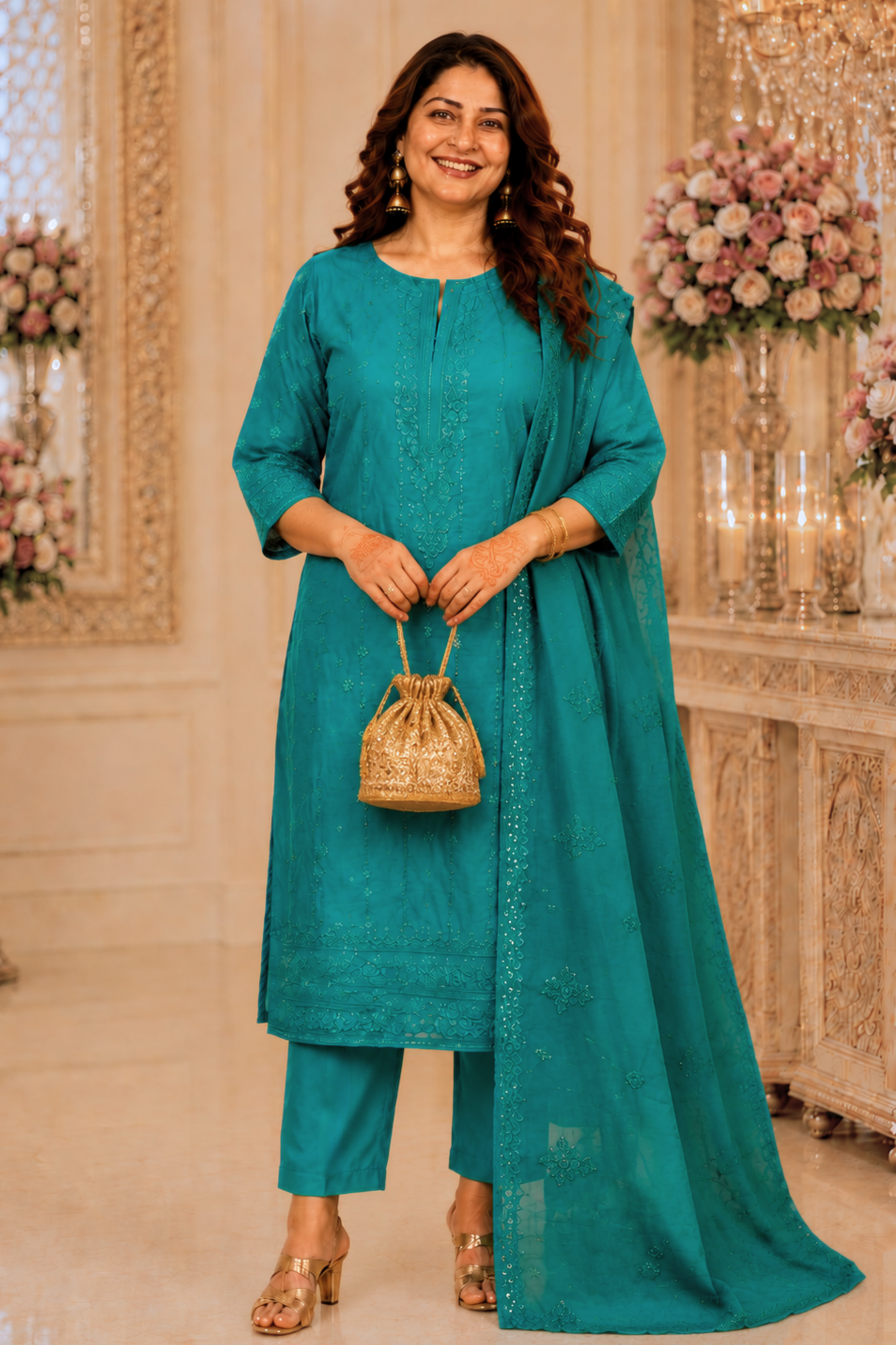 Sea Green Organza Threadwork Suit