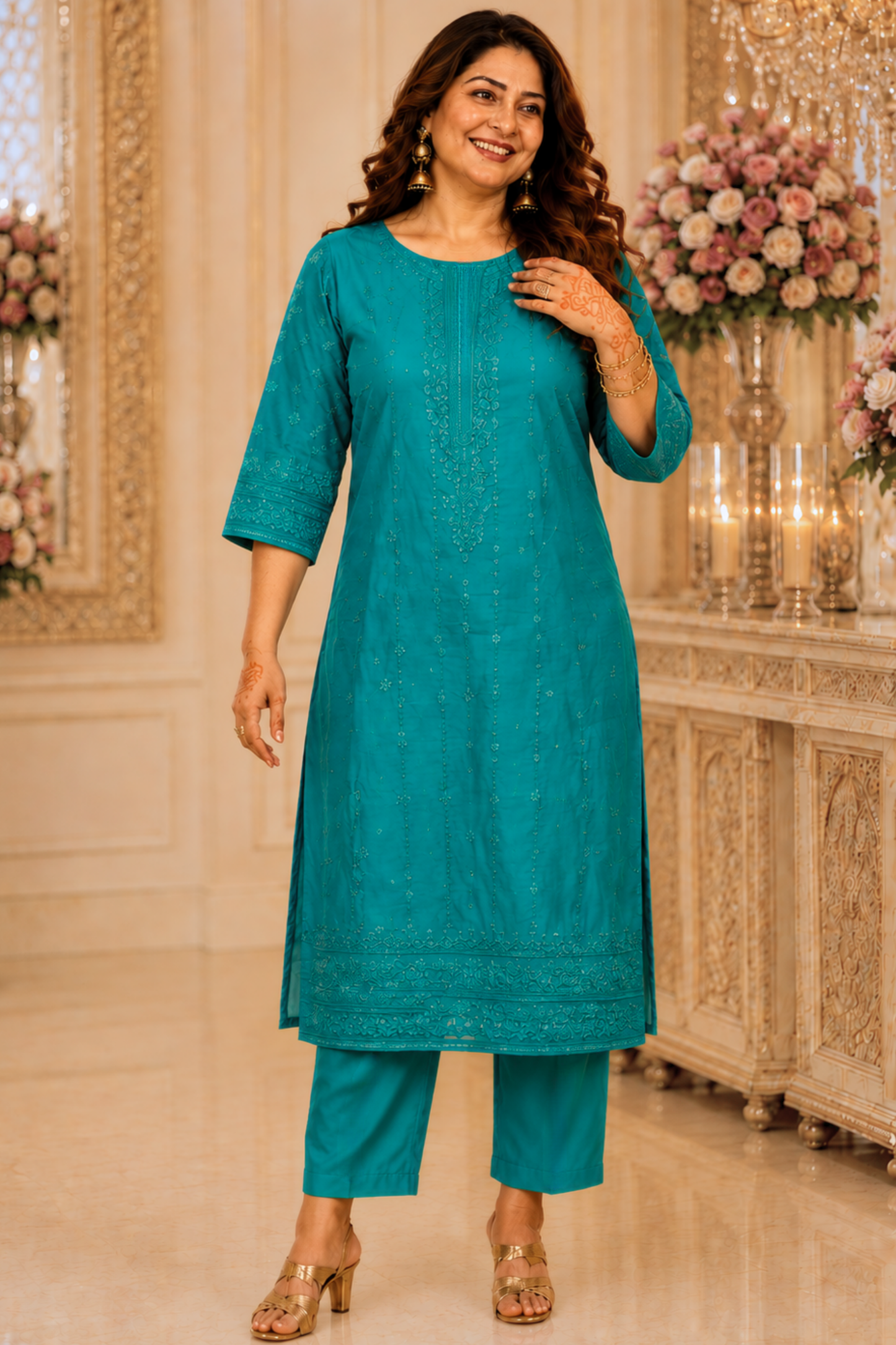 Sea Green Organza Threadwork Suit