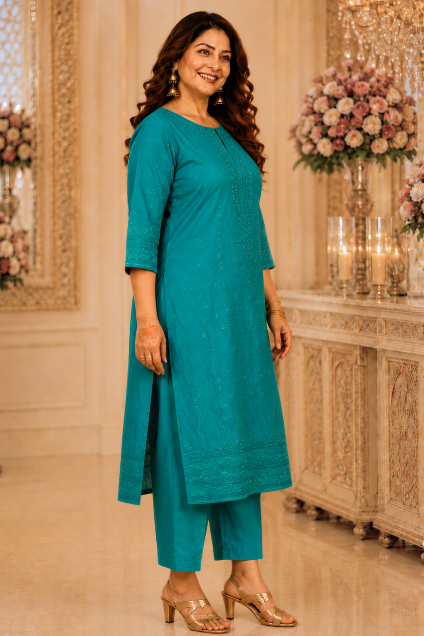 Sea Green Organza Threadwork Suit
