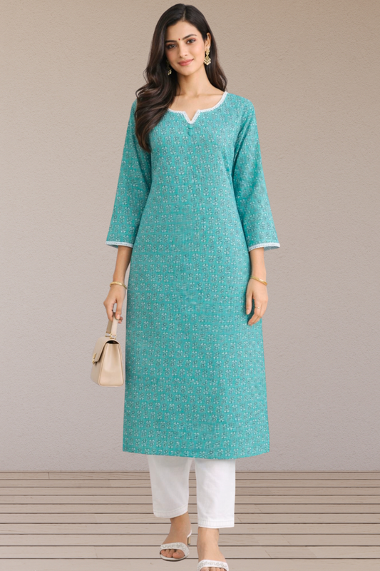 Sea Green Printed Straight Kurta