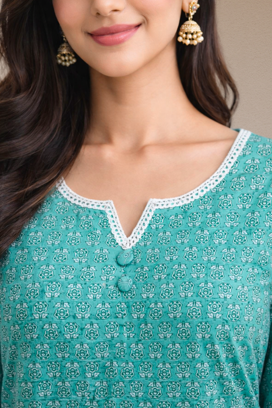 Sea Green Printed Straight Kurta