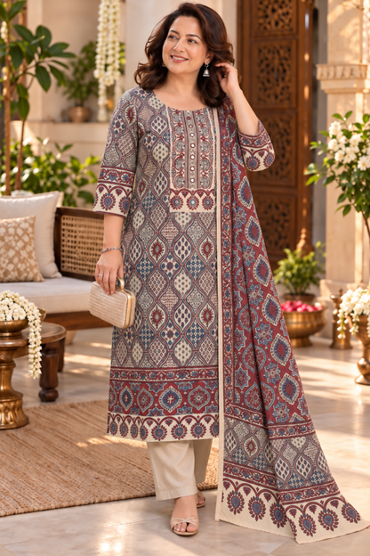 Zareen Ivory Ajrakh Suit With Beads Highlights