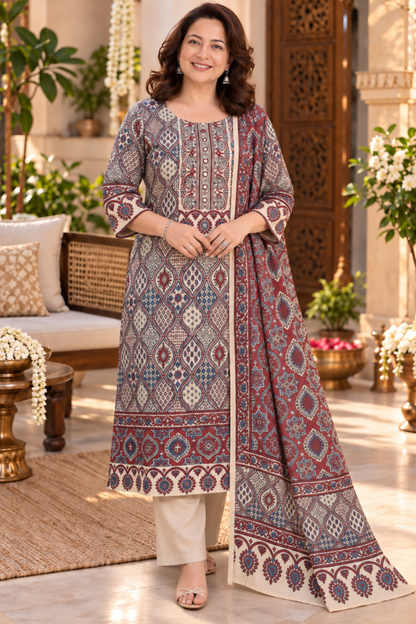 Zareen Ivory Ajrakh Suit With Beads Highlights