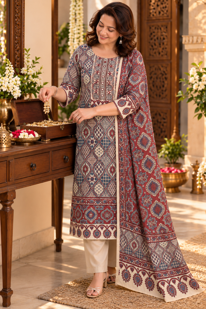 Zareen Ivory Ajrakh Suit With Beads Highlights