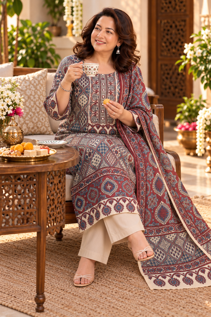 Zareen Ivory Ajrakh Suit With Beads Highlights