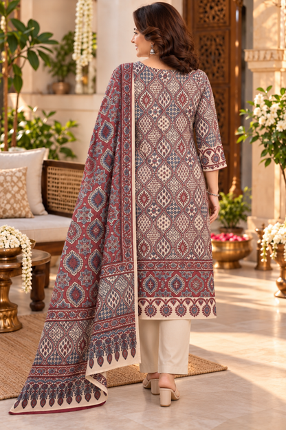 Zareen Ivory Ajrakh Suit With Beads Highlights