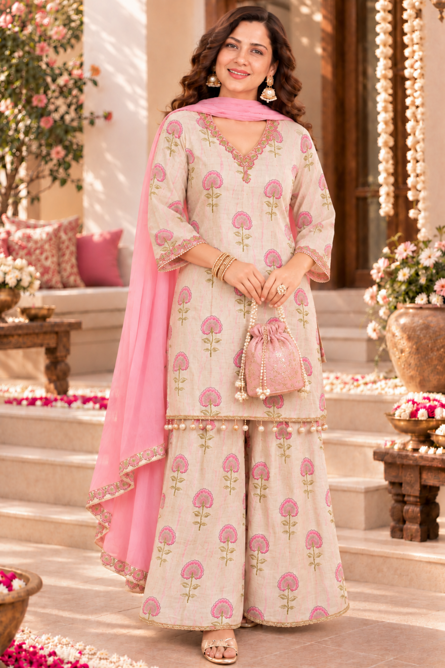 Shabnam Pink Suit Set With Foil Print