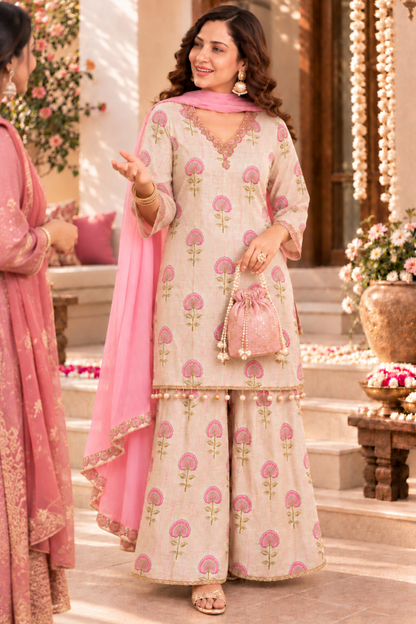 Shabnam Pink Suit Set With Foil Print