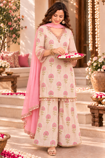 Shabnam Pink Suit Set With Foil Print