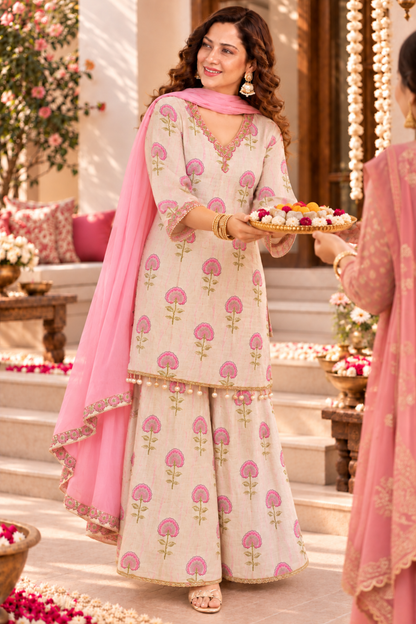 Shabnam Pink Suit Set With Foil Print