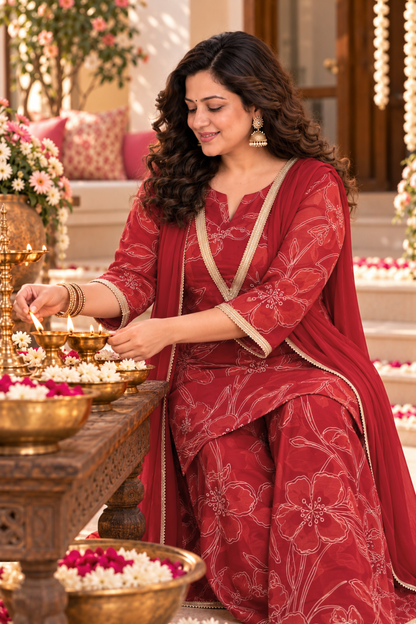 Shagun Maroon Suit Set With Foil Print