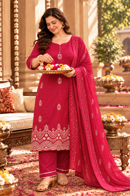 Shagun Red Embroidered Fancy Suit