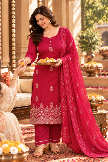 Shagun Red Embroidered Fancy Suit