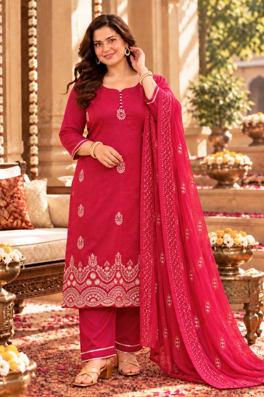 Shagun Red Embroidered Fancy Suit