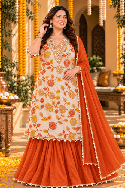 Shahi Kesari Silk Skirt Suit with Pearl Work