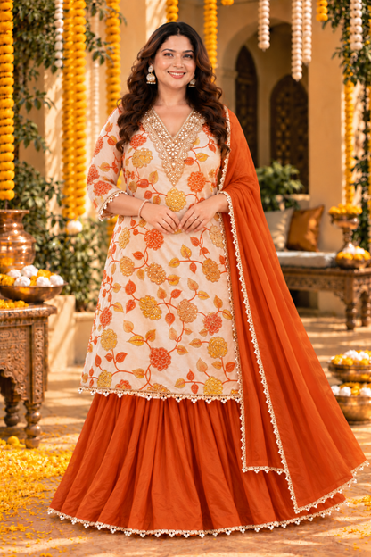 Shahi Kesari Silk Skirt Suit with Pearl Work