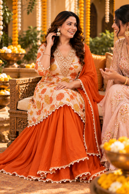 Shahi Kesari Silk Skirt Suit with Pearl Work