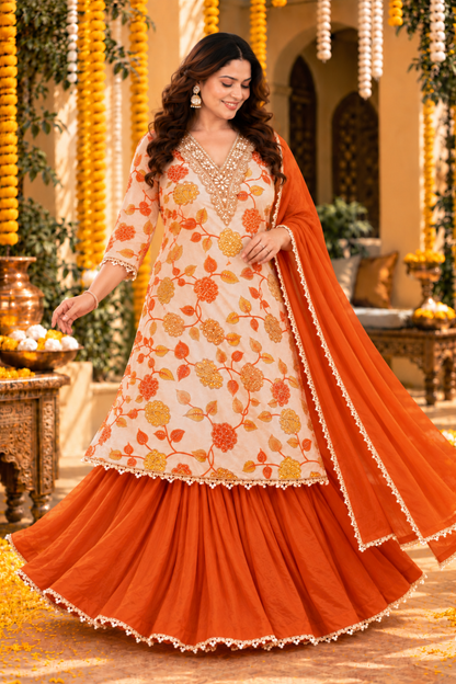 Shahi Kesari Silk Skirt Suit with Pearl Work
