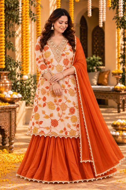 Shahi Kesari Silk Skirt Suit with Pearl Work