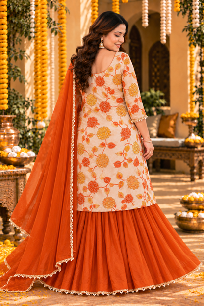 Shahi Kesari Silk Skirt Suit with Pearl Work