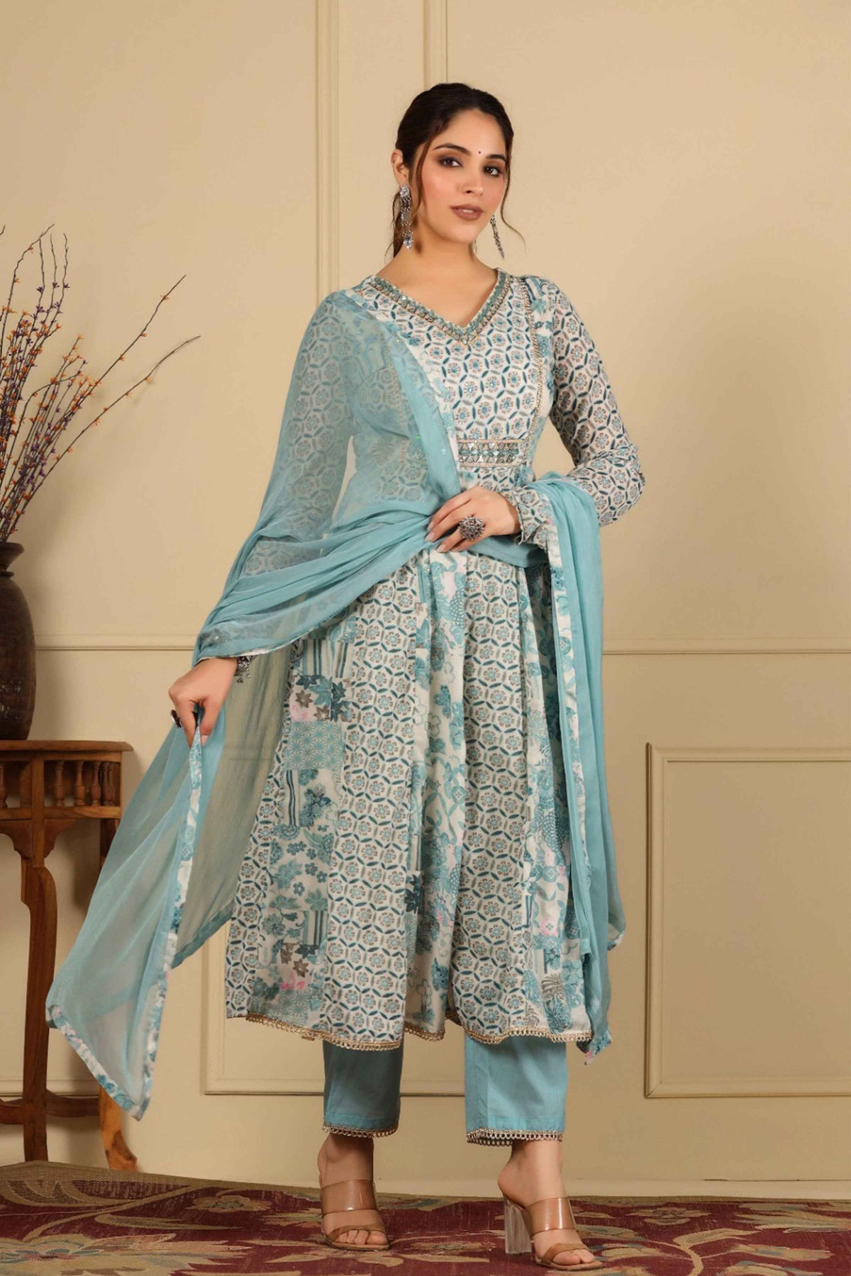 Shimmered Sky Cotton Anarkali Set