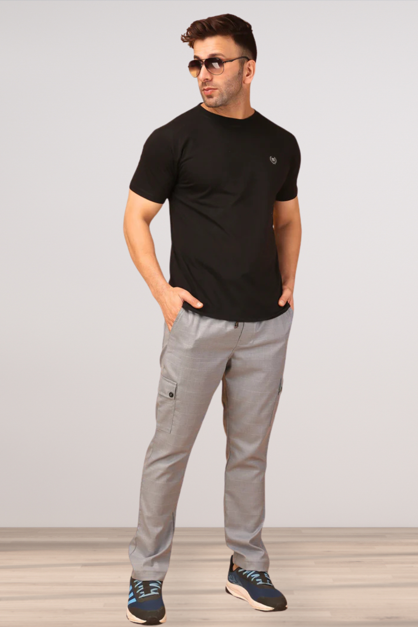 Silver Grey Checked Stretchable Cargo- 4 Pocket