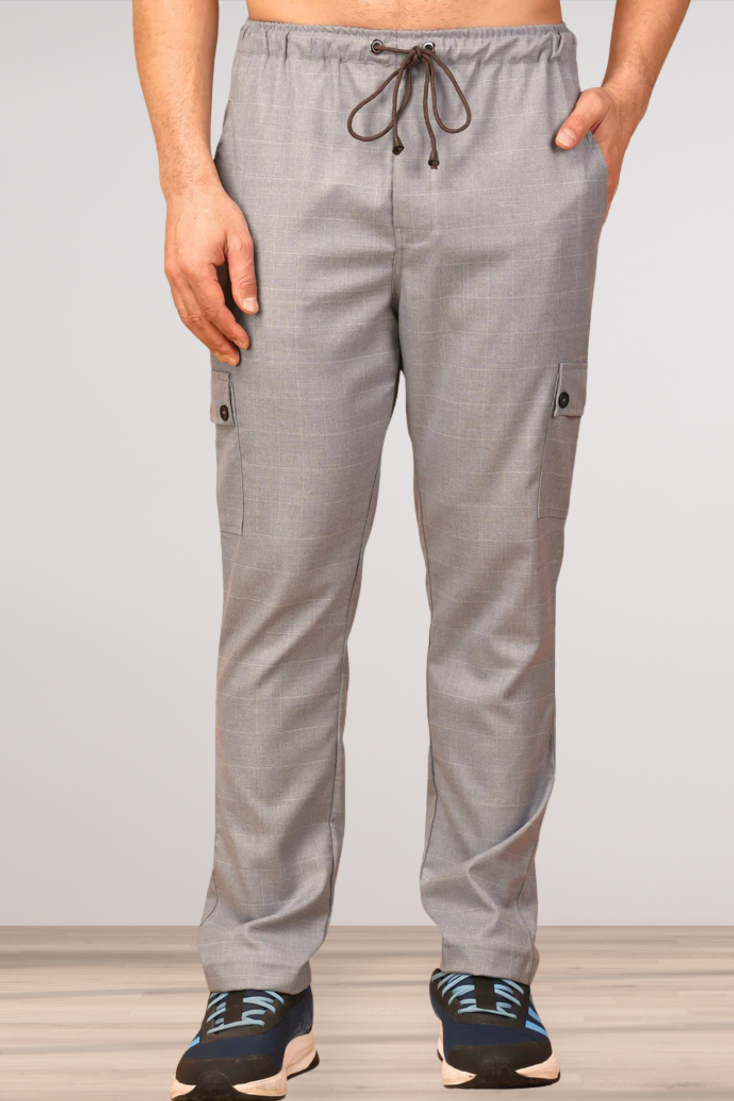 Silver Grey Checked Stretchable Cargo- 4 Pocket